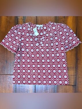 LOFT Red and White Embroidered Floral Short Sleeve Top
